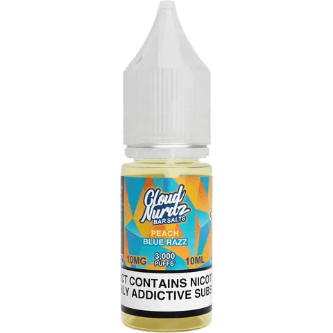 cloud nurdz bar juice 10ml peach blue razz nic salts 10mg bottle on a clear background