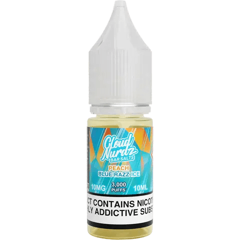 cloud nurdz bar juice 10ml peach blue razz ice nic salts 10mg bottle on a clear background