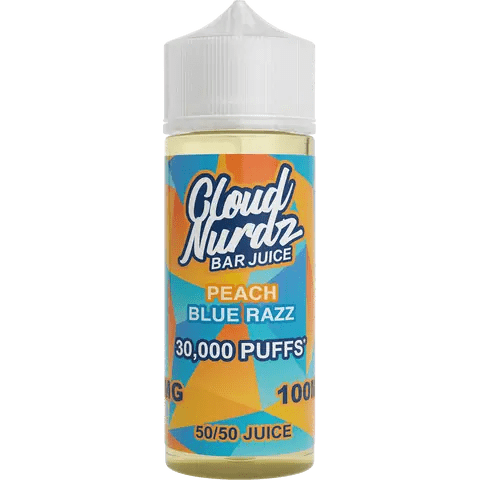 cloud nurdz bar juice 50/50 100ml peach blue razz vape juice bottle on a clear background