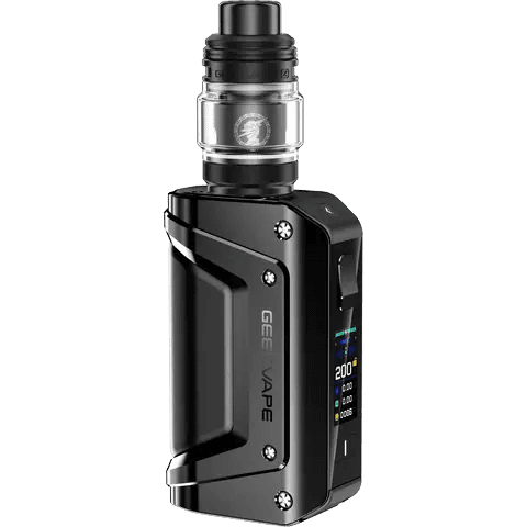 geekvape aegis legend 3 black vape kit on clear background