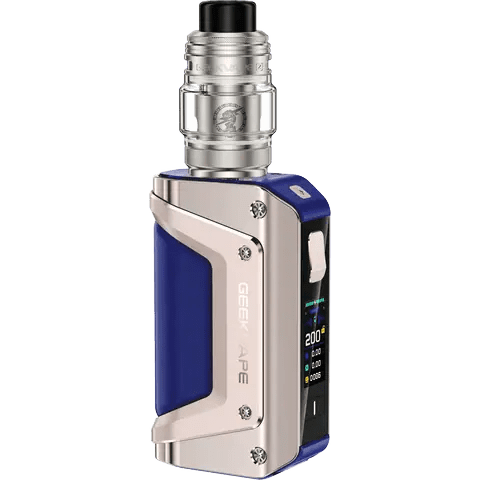 geekvape aegis legend 3 golden blue vape kit on clear background