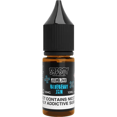 sadboy 10ml blueberry jam nic salts 10mg bottle on a clear background