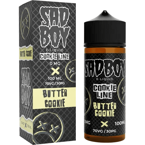 sadboy 100ml butter cookie box and bottle on a clear background