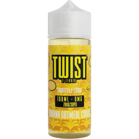 twist 100ml banana oatmeal vape juice bottle on a clear background