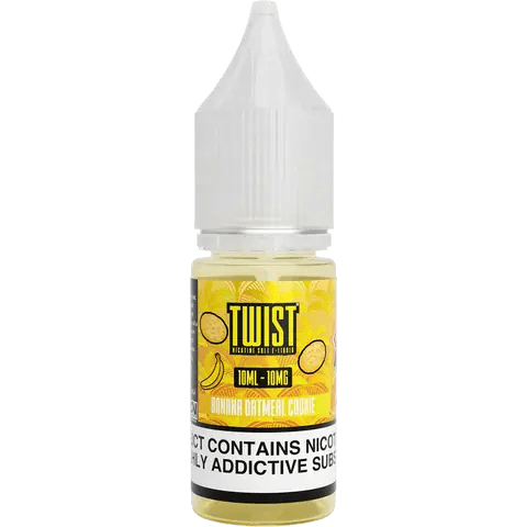 twist 10ml banana oatmeal cookie nic salts 10mg bottle on a clear background