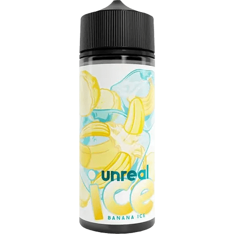 unreal ice 100ml bottle of banana ice vape juice on a clear background