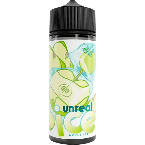 unreal ice 100ml bottle of apple ice vape juice on a clear background