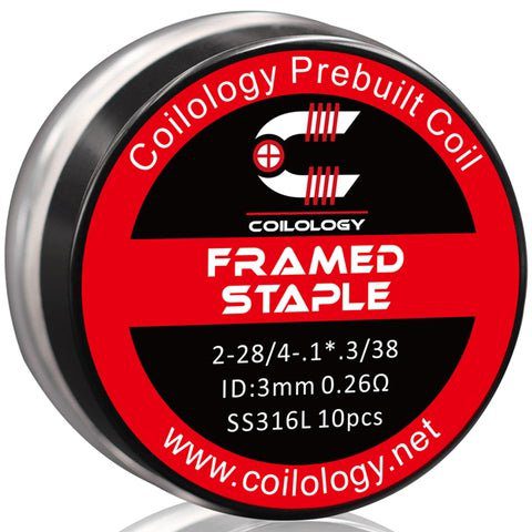 Coilology Prebuilt Performance Coils | Framed Staple 2-28/4-.1*.3/38 0.26ohm SS 3mm ID On White Background