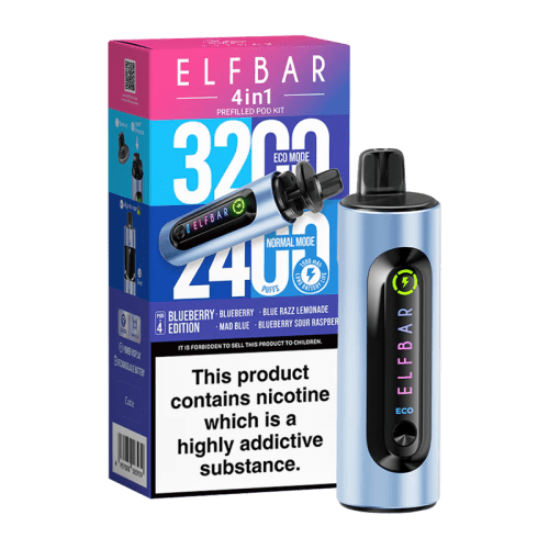 elfbar 4in1 pod vape blueberry edition on black background