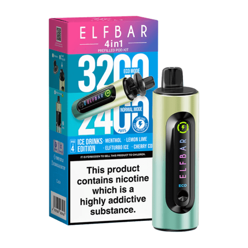 elfbar 4in1 pod vape ice drinks edition on black background