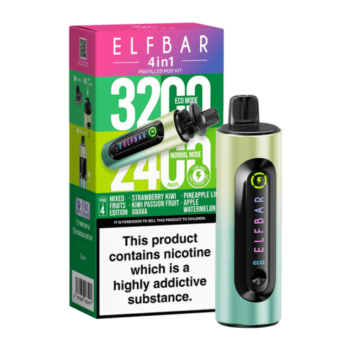 elfbar 4in1 pod vape mixed fruits edition on black background