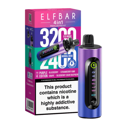 elfbar 4in1 pod vape purple edition on black background