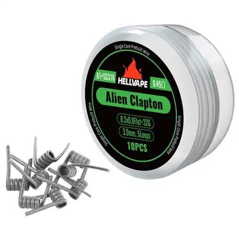 Hellvape Alien Clapton Premade Coils A1+SS316 Alien Clapton 0.3x0.8Flat+32G 0.45ohm On White Background