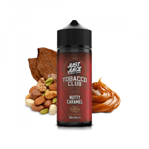 just juice tobacco club nutty caramel 100ml on black background