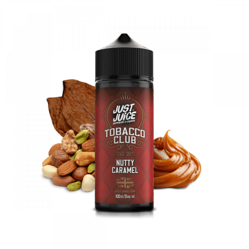 just juice tobacco club nutty caramel 100ml on black background