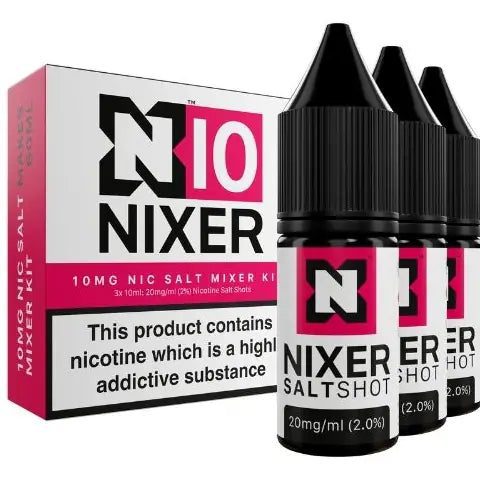 nixer 10mg nic salt shot 3 pack kit on white background