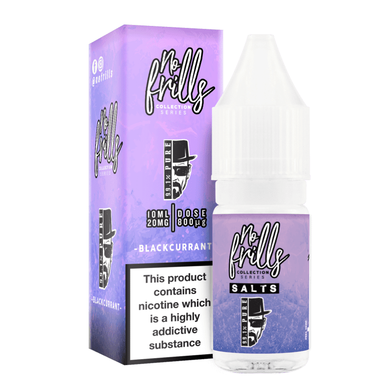 No Frills 99.1% Pure 10ml Nic Salt E-Liquid 10mg / Blackcurrant On White Background