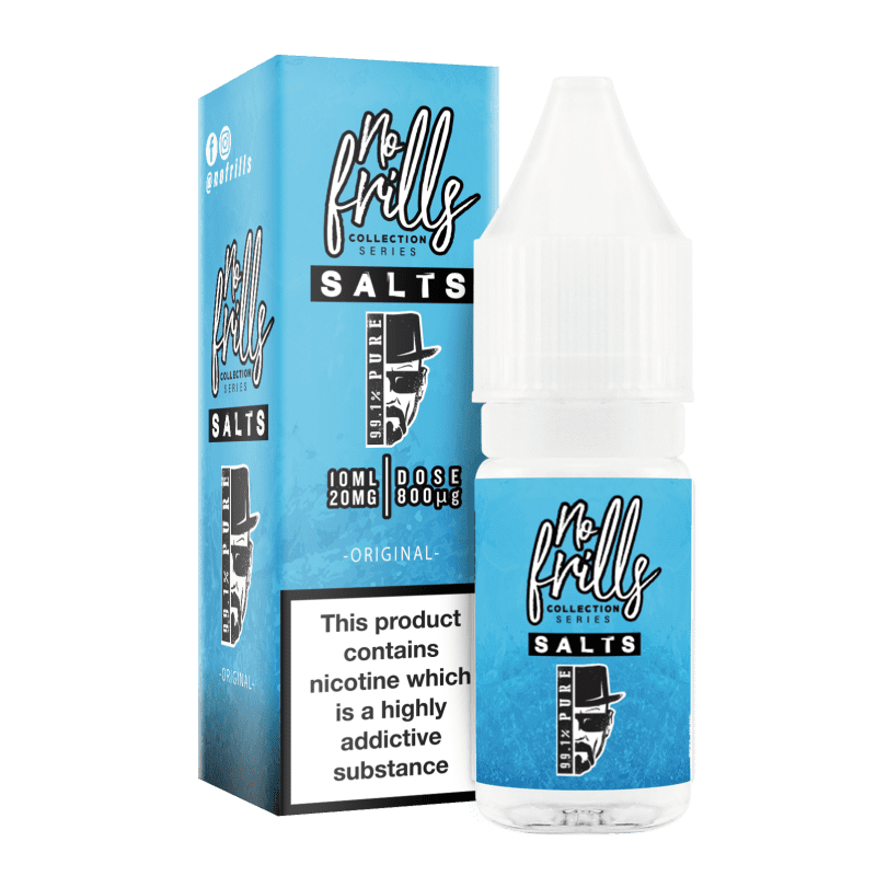 No Frills 99.1% Pure 10ml Nic Salt E-Liquid 10mg / Original On White Background