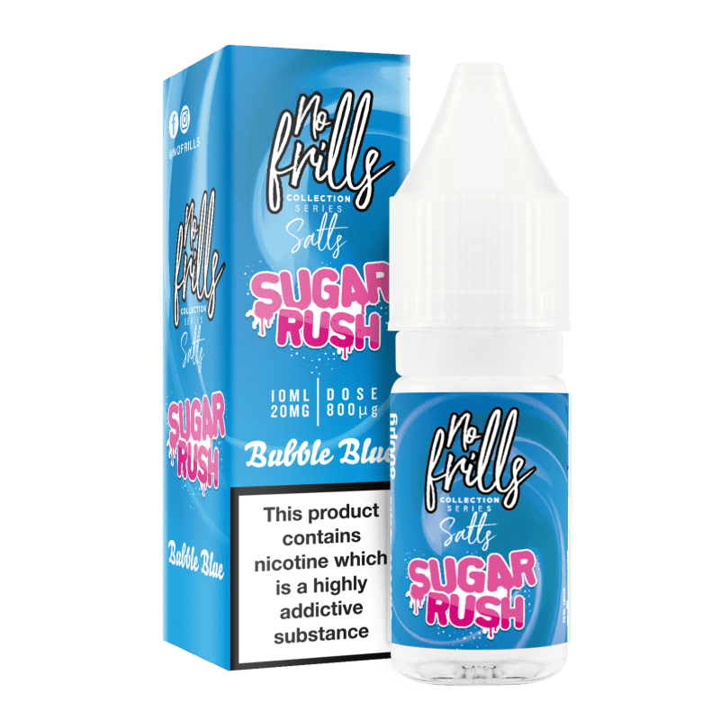 No Frills Sugar Rush 10ml Nic Salt E-Liquid 10mg / Bubble Blue On White Background