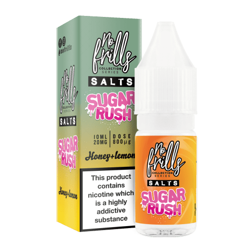 No Frills Sugar Rush 10ml Nic Salt E-Liquid 10mg / Honey & Lemon On White Background