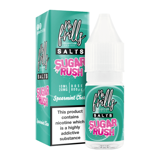 No Frills Sugar Rush 10ml Nic Salt E-Liquid 10mg / Spearmint Chew On White Background