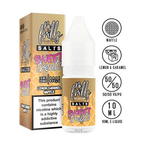 No Frills Sweet Treats 10ml Nic Salt E-Liquid 10mg / Lemon Caramel Waffle On White Background